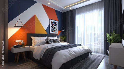 A beautifully painted accent wall in a bedroom, featuring geometric patterns and bold colors for a modern look