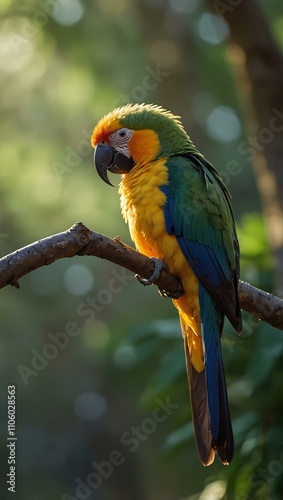 Exotic birds perched on a morning-lit branch.