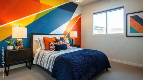 Fototapeta Naklejka Na Ścianę i Meble -  A beautifully painted accent wall in a bedroom, featuring geometric patterns and bold colors for a modern look