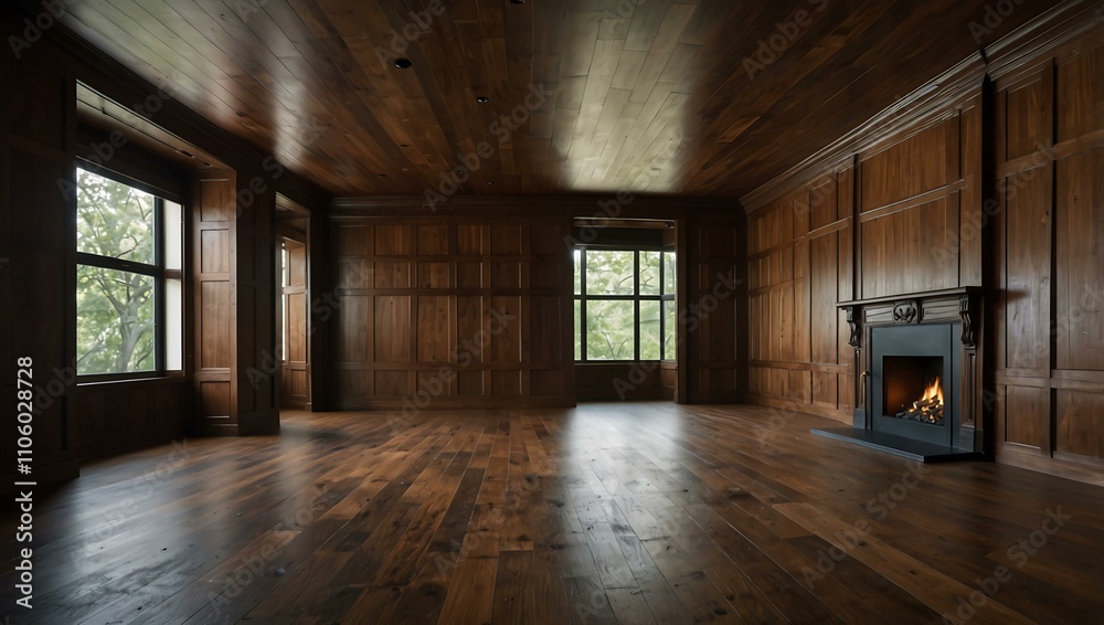 Fototapeta premium Expansive empty room with rich wooden panels, creating a cozy vibe.