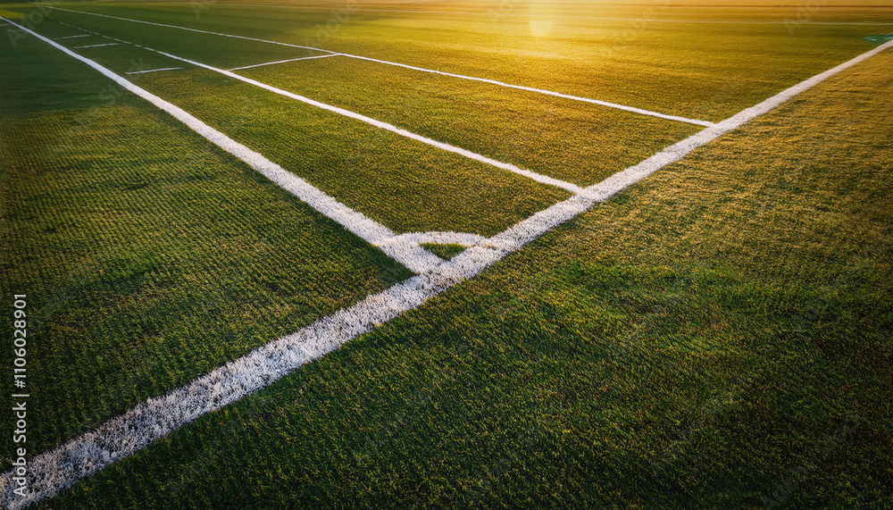 Obraz premium A close-up view of a worn football field, showcasing realistic grass texture and markings, highlighting the wear and tear of outdoor play in a vibrant green setting.