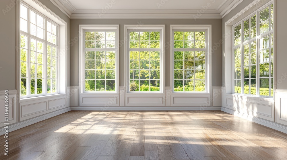 Fototapeta premium A bright and airy empty bedroom with large windows, showcasing natural light flooding the room