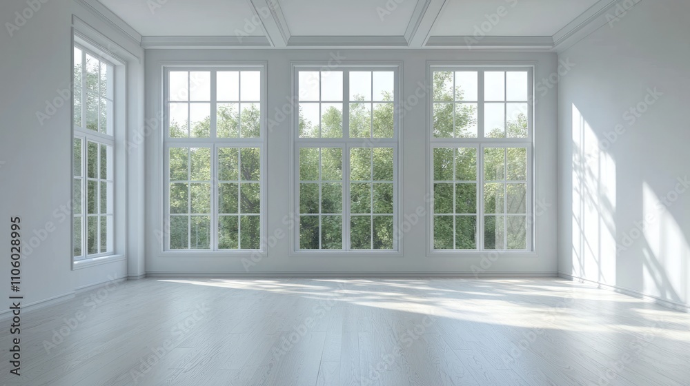 Obraz premium A bright and airy empty bedroom with large windows, showcasing natural light flooding the room