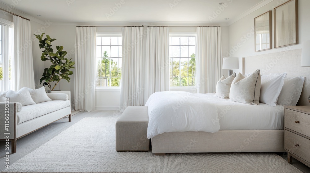 Fototapeta premium A bright and airy white bedroom featuring soft textures, elegant furnishings, and natural light