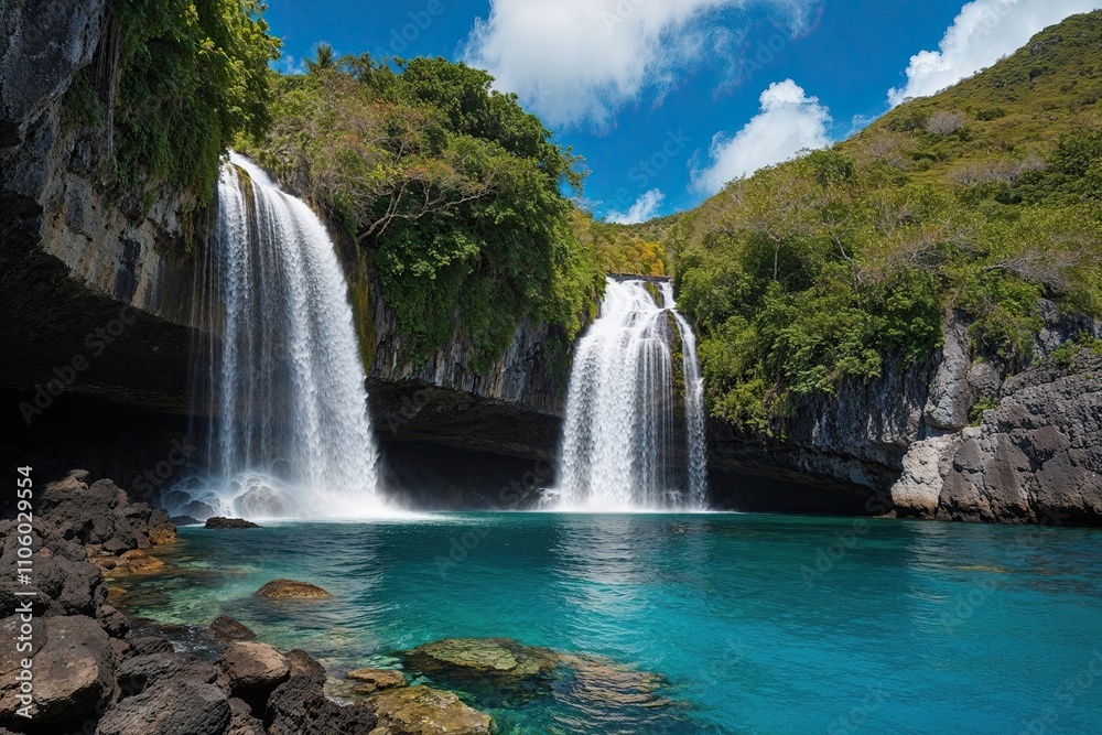 Fototapeta premium Caribbean Pirate Treasure Hidden Under Waterfalls Awaiting Discovery