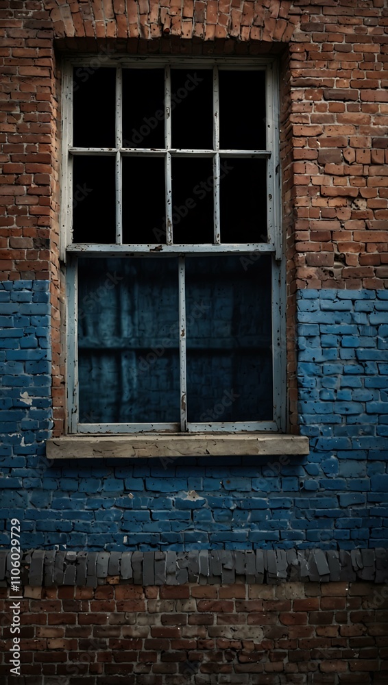 Fototapeta premium Exploring a historic blue brick wall window in an urban setting.