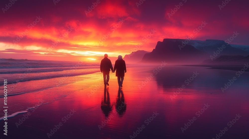 old couple walks hand hand peaceful beach sunset surrounded stunning blend orange pink and purple hues. moment radiates love and serenity. old couple walks hand hand peaceful beach sunset surrounded stunning blend orange pink and purple hues. moment radiates love and serenity.