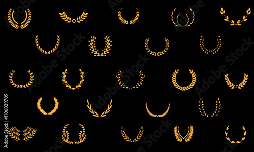 Golden and black laurel silhoutte wreath vector. Trophy, award, champion, competition concept badge, golden branch with leaves. Black circular foliate laurels with stars icon vector