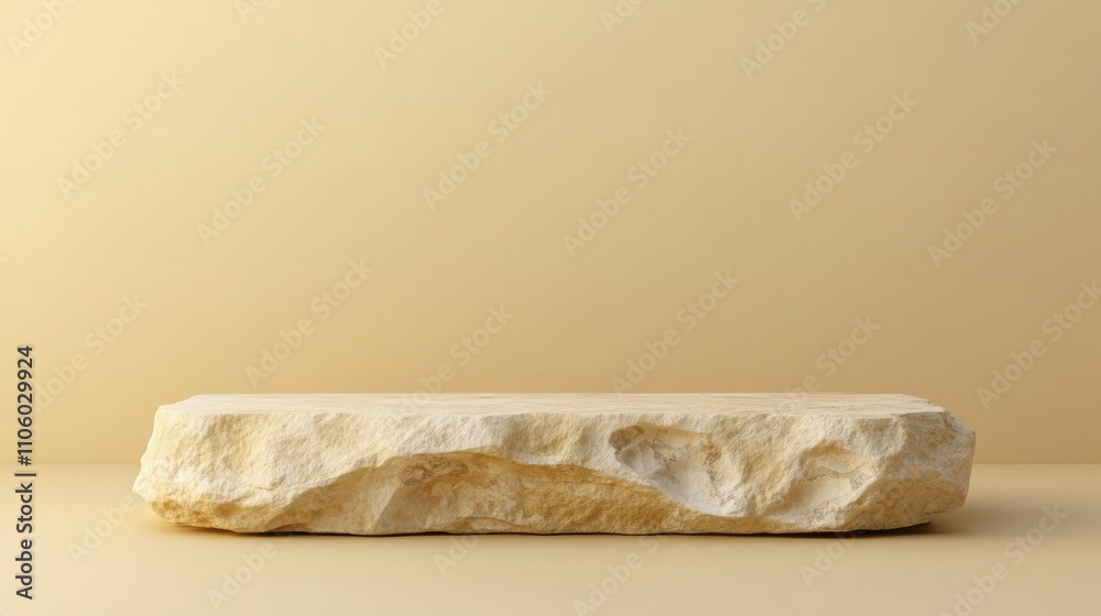 A stylish limestone podium with fossil imprints on its surface, on a pale yellow background A stylish limestone podium with fossil imprints on its surface, on a pale yellow background