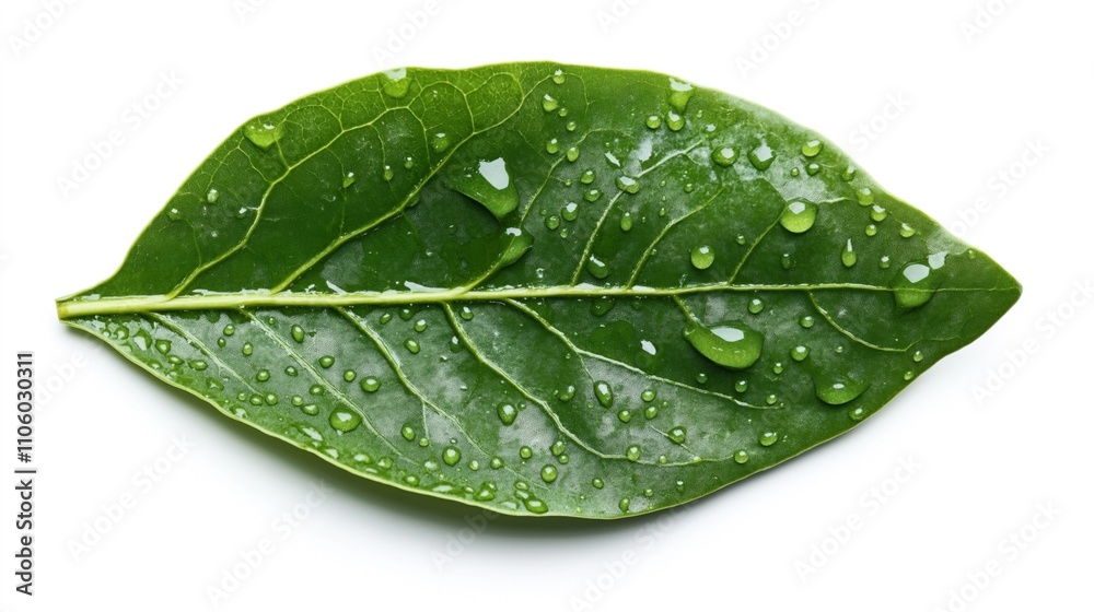 Φωτογραφία Close-up of a green leaf with visible veins and water droplets on a white backgr