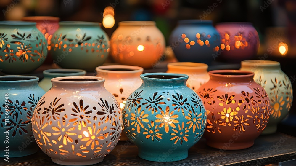 Elegant Ceramic Lanterns with Delicate Cut-Out Patterns Illuminating a Charming Display of Colorful Glow during Evening Ambience Elegant Ceramic Lanterns with Delicate Cut-Out Patterns Illuminating a Charming Display of Colorful Glow during Evening Ambience