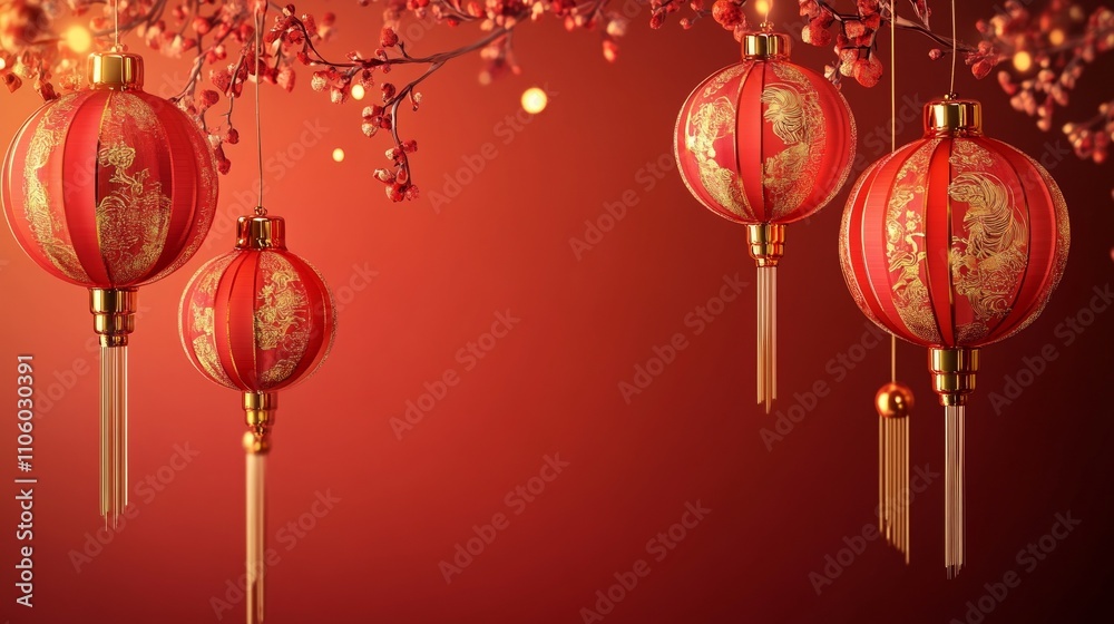 Chinese New Year Banner with Red Lanterns and Glowing Golden Bokeh Creating a Festive and Traditional Scene Chinese New Year Banner with Red Lanterns and Glowing Golden Bokeh Creating a Festive and Traditional Scene