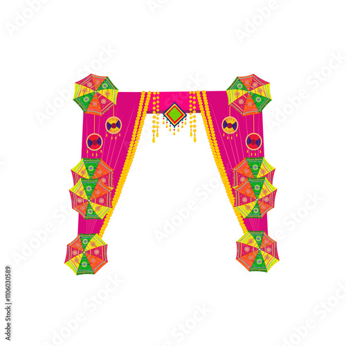 Indian haldi mehendi sangeet wedding mandap setup decoration design with curtain drapes, colorful umbrella vector, tassle hangings, kites decor vector, marigold floral hanging