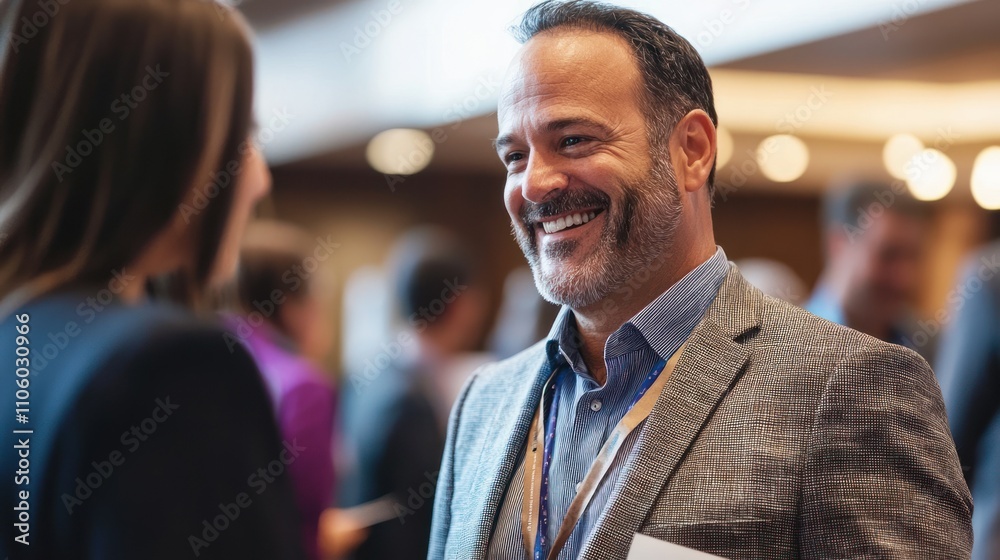 Fototapeta premium A candid business portrait of a man networking at an event, capturing his engaging personality