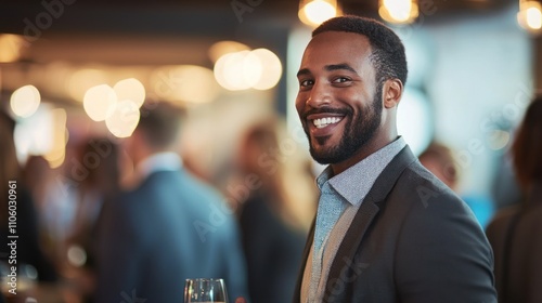 A candid business portrait of a man networking at an event, capturing his engaging personality