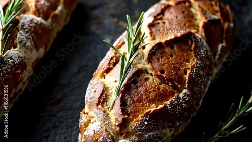 Artisan bread loaves with rosemary on a dark stone surface, broa bread photo