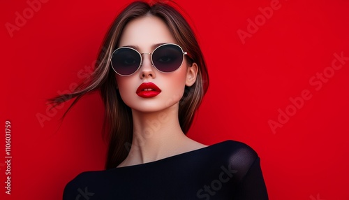 Elegant Woman in Sunglasses Posing Against Red Background