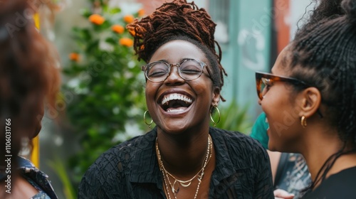 A candid portrait of a black woman laughing with friends, highlighting joy and connection