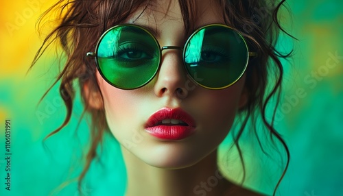 Fashionable Woman with Green Sunglasses Posing in Front of Turquoise Background