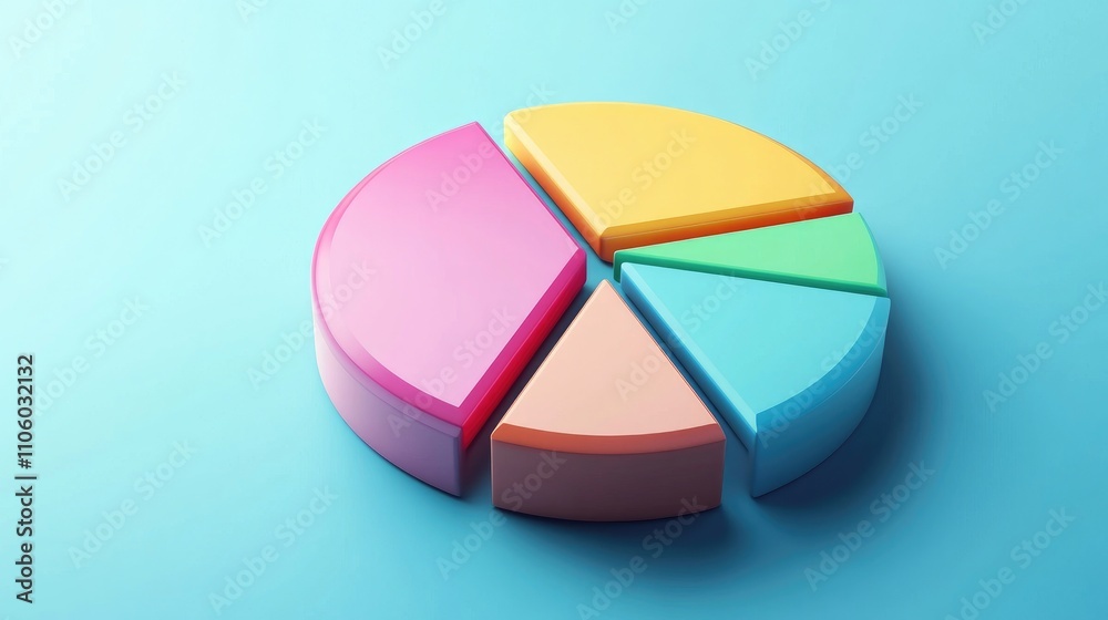 Obraz premium A vibrant 3D pie chart with floating colorful segments, each representing different data points, set against a clean, futuristic background with soft shadows.