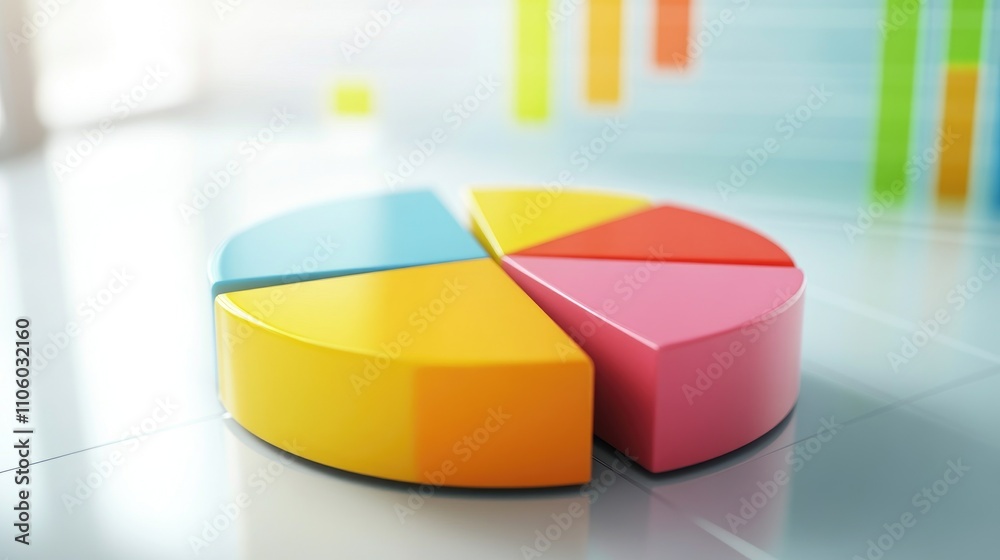 Obraz premium A vibrant 3D pie chart with floating colorful segments, each representing different data points, set against a clean, futuristic background with soft shadows.