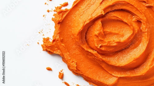 Close-up of smooth orange puree or sauce spread on a white surface in a spiral pattern
