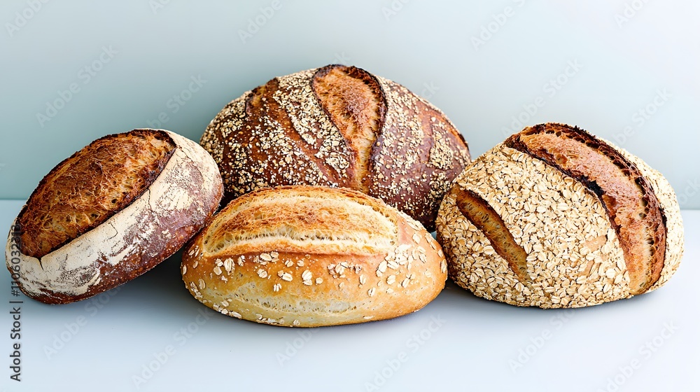 A whole grain loaf with visible seeds, integrated with an image of a wheat field, symbolizing the journey from farm to table.Double Exposure.[Various types of bread]:[Details] 