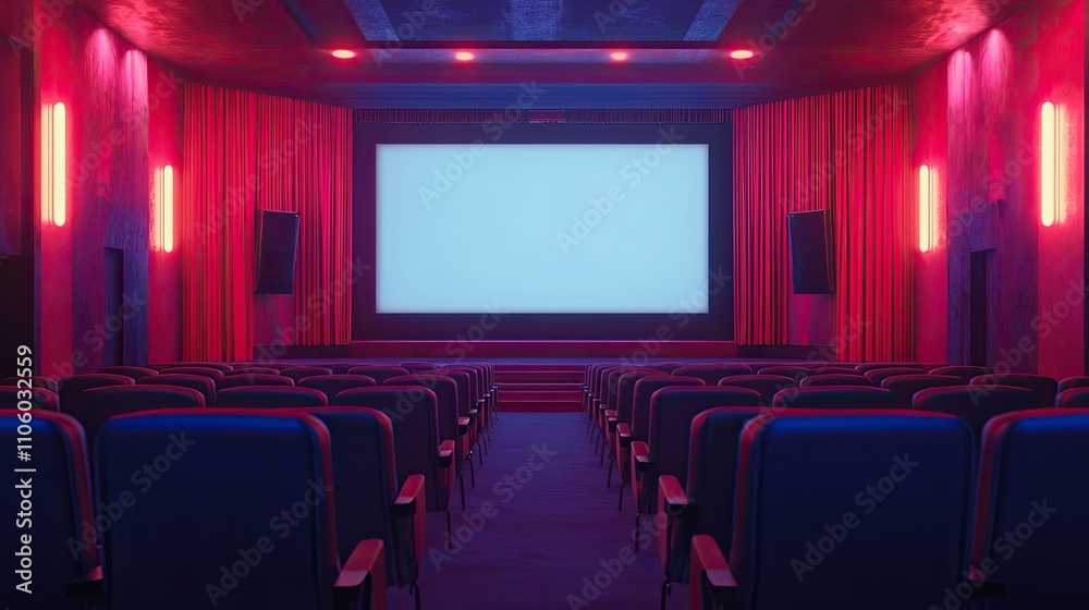 Fototapeta premium Interior of a cinema featuring empty seats and a plain screen 3D illustration