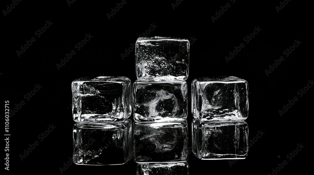 Clear Ice Cubes Stacked Artistically on a Reflective Surface, Showcasing Textures and Details, Ideal for Creative and Culinary Themes Clear Ice Cubes Stacked Artistically on a Reflective Surface, Showcasing Textures and Details, Ideal for Creative and Culinary Themes