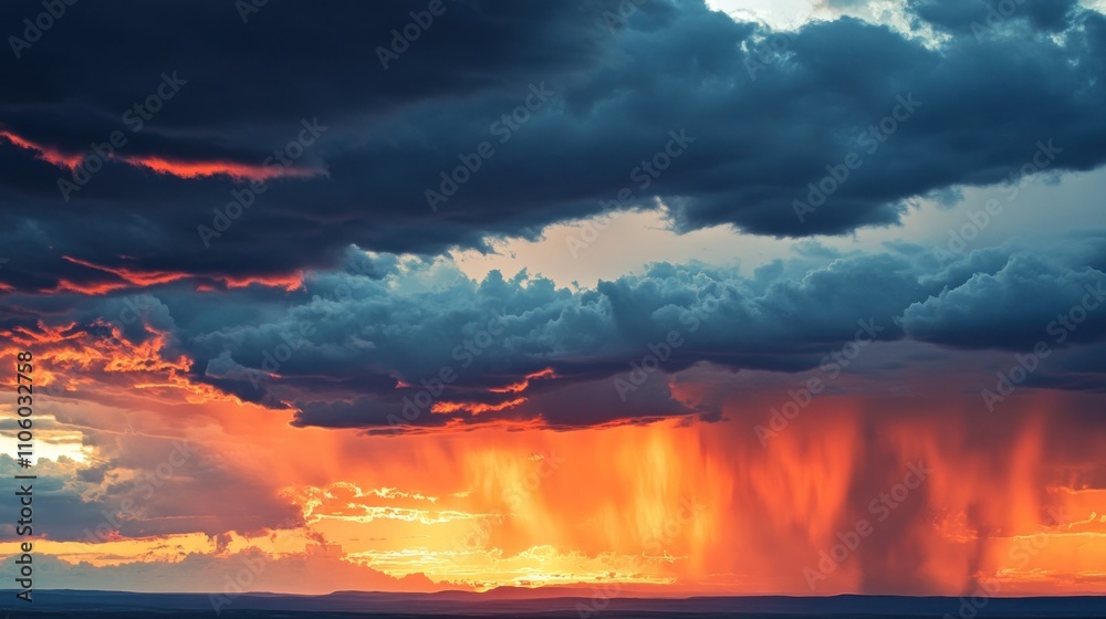 Fiery Sunset Rain Clouds Dramatic Sky Landscape Fiery Sunset Rain Clouds Dramatic Sky Landscape