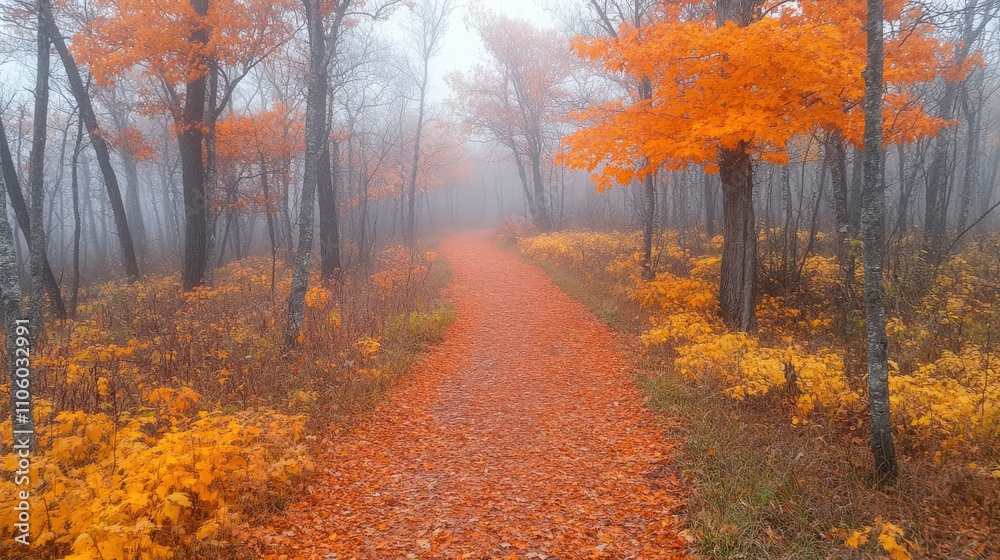 A serene path through a foggy forest adorned with vibrant autumn leaves. A serene path through a foggy forest adorned with vibrant autumn leaves.