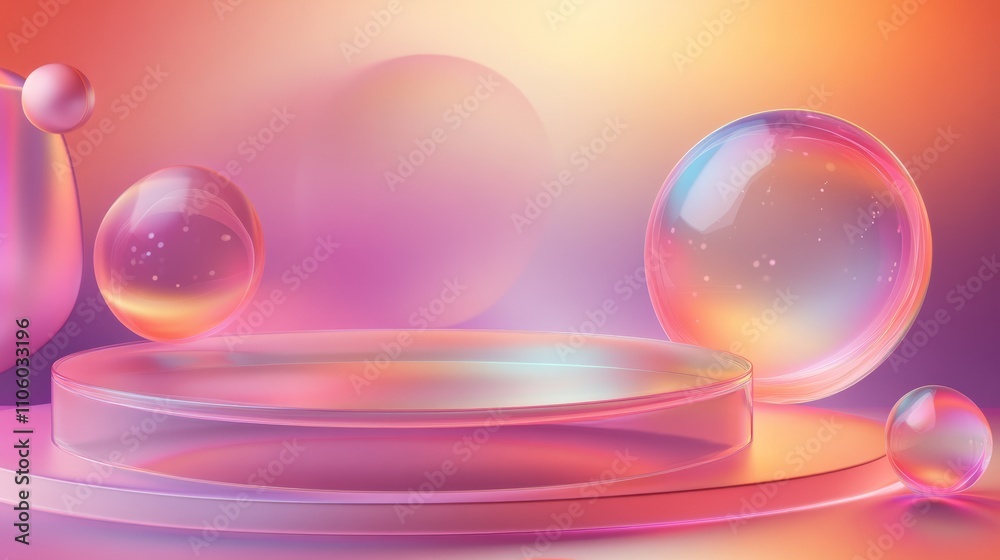 A transparent podium surrounded by floating holographic shapes and smooth gradients A transparent podium surrounded by floating holographic shapes and smooth gradients