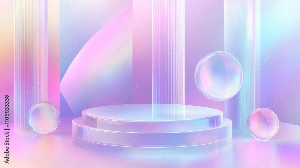 A transparent podium surrounded by floating holographic shapes and smooth gradients A transparent podium surrounded by floating holographic shapes and smooth gradients
