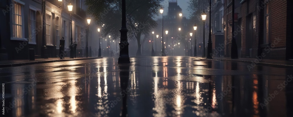 Naklejka premium Dusk on a wet London street with streetlights, rainy weather, urban scene