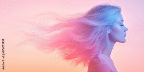 A serene profile of a woman with flowing hair against a colorful gradient background.