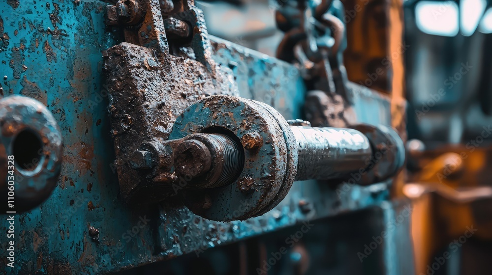Close-Up View of a Hydraulic Lifting System for Heavy Machinery with Rusty Components and Detailed Mechanisms in an Industrial Setting Close-Up View of a Hydraulic Lifting System for Heavy Machinery with Rusty Components and Detailed Mechanisms in an Industrial Setting