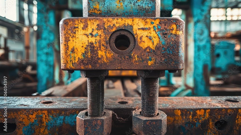 Close-Up View of a Hydraulic Press Shaping Metal with Rusted Components in an Industrial Setting Highlighting Machinery Details and Textures Close-Up View of a Hydraulic Press Shaping Metal with Rusted Components in an Industrial Setting Highlighting Machinery Details and Textures