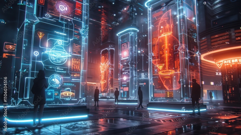 Breathtaking view of a futuristic city skyline with towering skyscrapers glowing neon lights