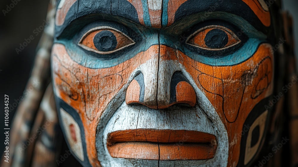 A close-up of a carved wooden mask featuring intricate designs and vibrant colors. A close-up of a carved wooden mask featuring intricate designs and vibrant colors.