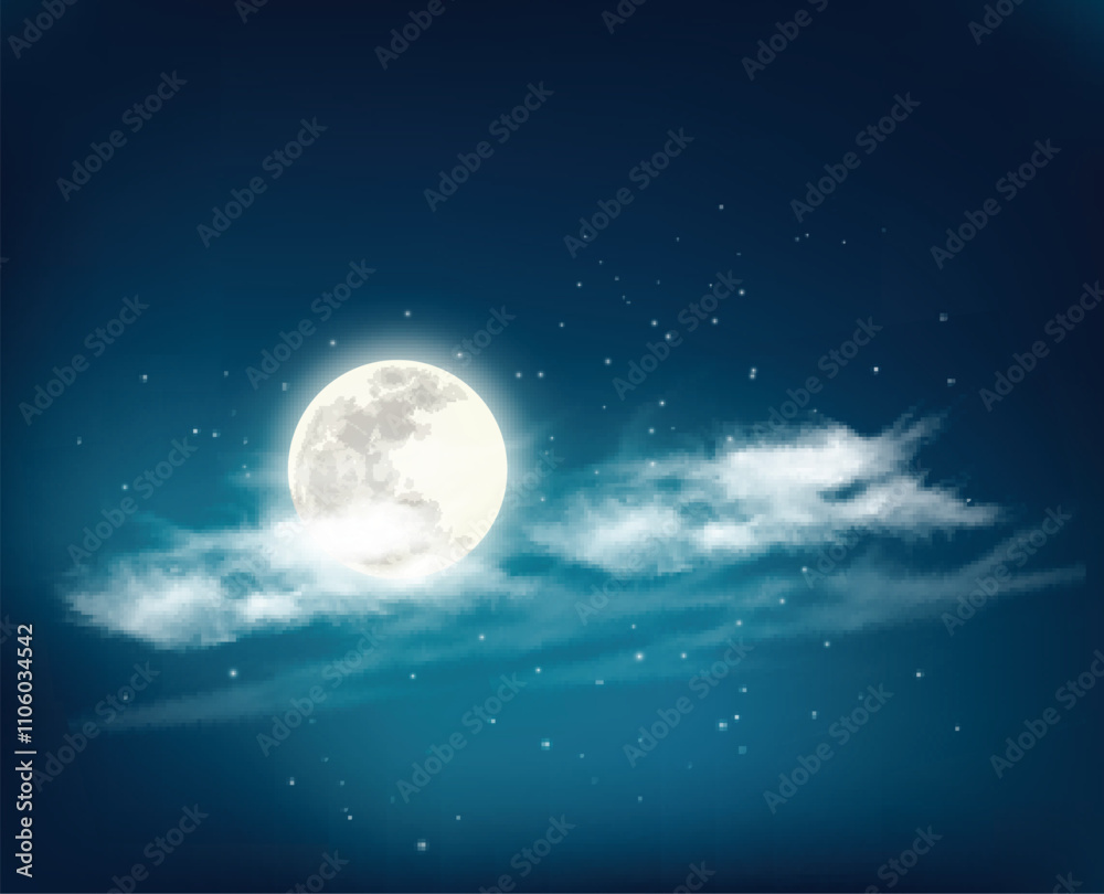 Fototapeta premium Night sky background with white clouds with stars and moon