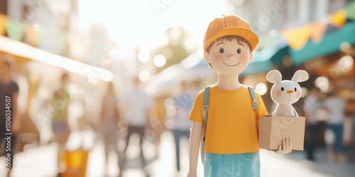 Cheerful boy holding a toy mouse in a vibrant market, showcasing joy and creativity. photo