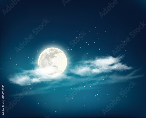 Night sky background with white clouds with stars and  moon