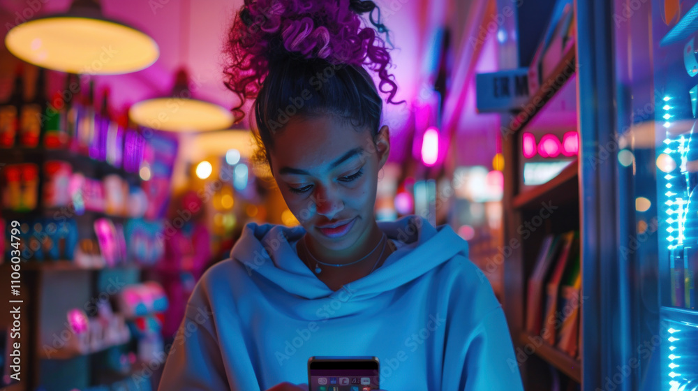 A cheerful young American woman is shopping online on her smartphone, paying with a credit card, cashless, and via an e-banking app. A cheerful young American woman is shopping online on her smartphone, paying with a credit card, cashless, and via an e-banking app.