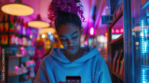 A cheerful young American woman is shopping online on her smartphone, paying with a credit card, cashless, and via an e-banking app.