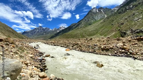 Beautiful view of himalayan mountain landscape at Jilang and chenab river in lahaul, gramphu-batal-kaza road himachal pradesh, India