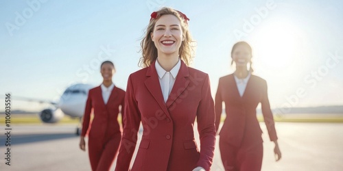 Three cheerful airline crew members walking confidently towards the airplane.