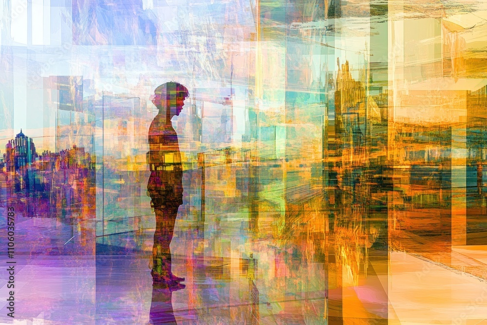 A silhouette of a child stands amidst a vibrant, abstract landscape of colors and shapes. A silhouette of a child stands amidst a vibrant, abstract landscape of colors and shapes.