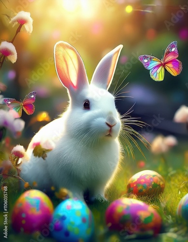 A cute white Easter bunny surrounded by colorful Easter eggs in a vibrant, sunlit garden. Ideal for festive, seasonal, and holiday-themed imagery.