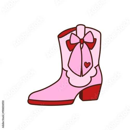 Cowgirl boots. Western footwear decorated coquette pink bow, heart. Retro aesthetic women shoes. Wild West clipart. Vector illustration