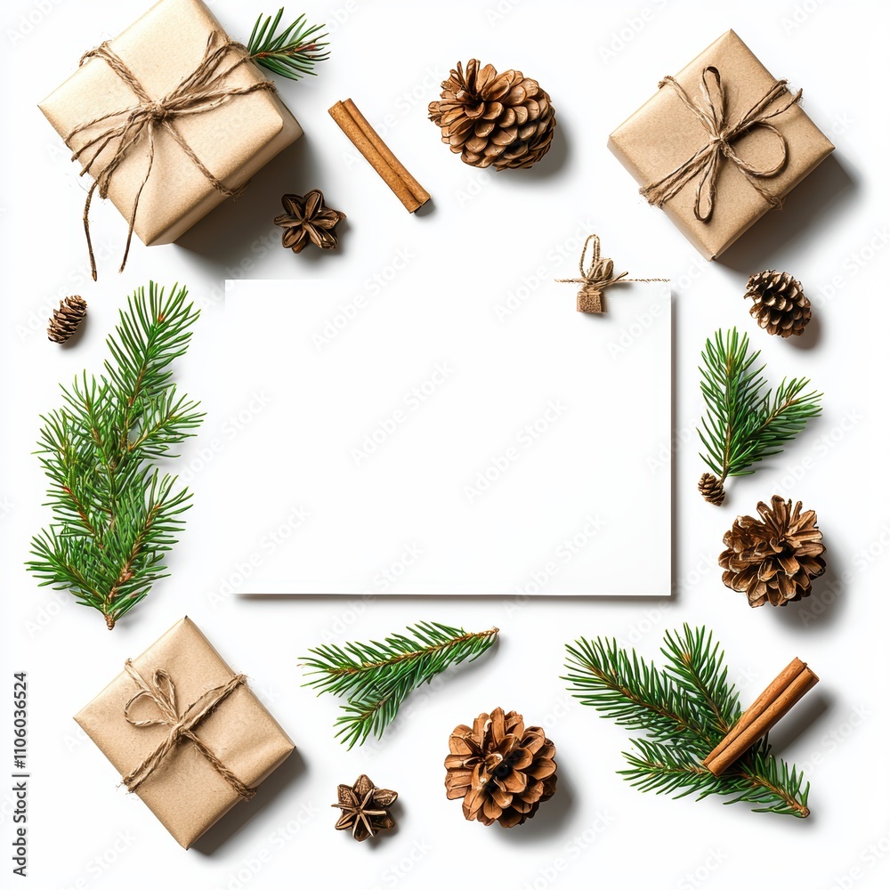 A festive arrangement featuring wrapped gifts, pinecones, cinnamon sticks, and greenery around a blank card, perfect for holiday greetings. A festive arrangement featuring wrapped gifts, pinecones, cinnamon sticks, and greenery around a blank card, perfect for holiday greetings.
